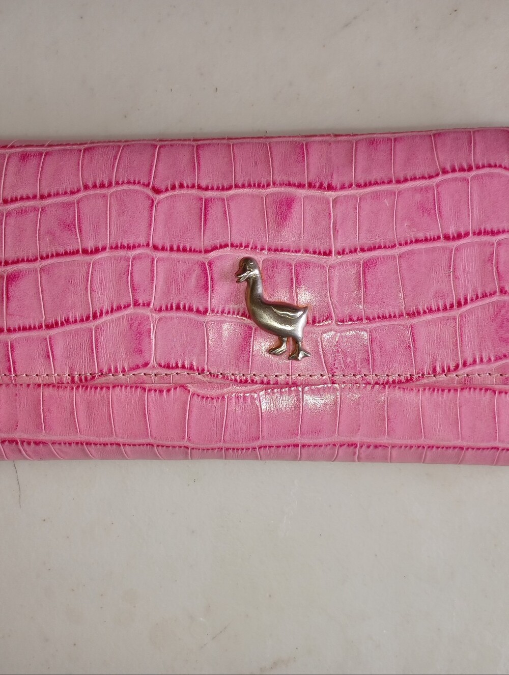 Source Unknown Pink Croc-Embossed Wallet with Silver Duck Accent